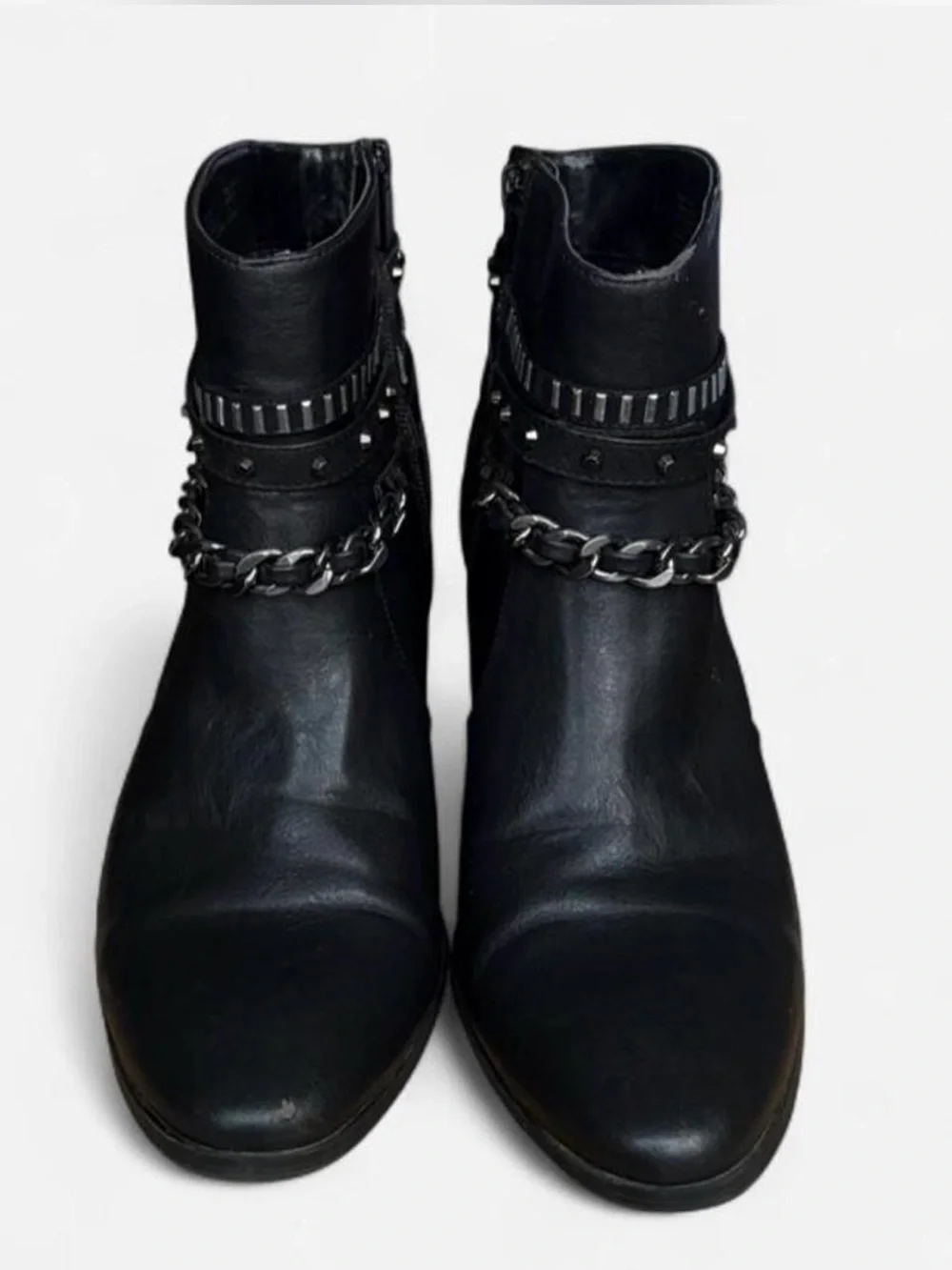 Jennifer Lopez Black and Silver Chain Detail Ankle Booties Faux Leather Size 9.5